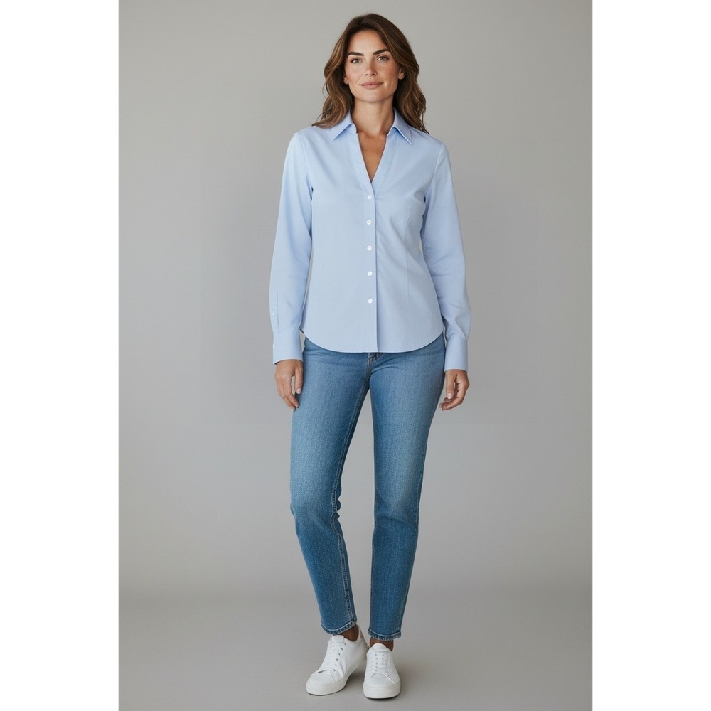 Ann Taylor Blue Pinstriped Button Up Blouse Women's Size 14P